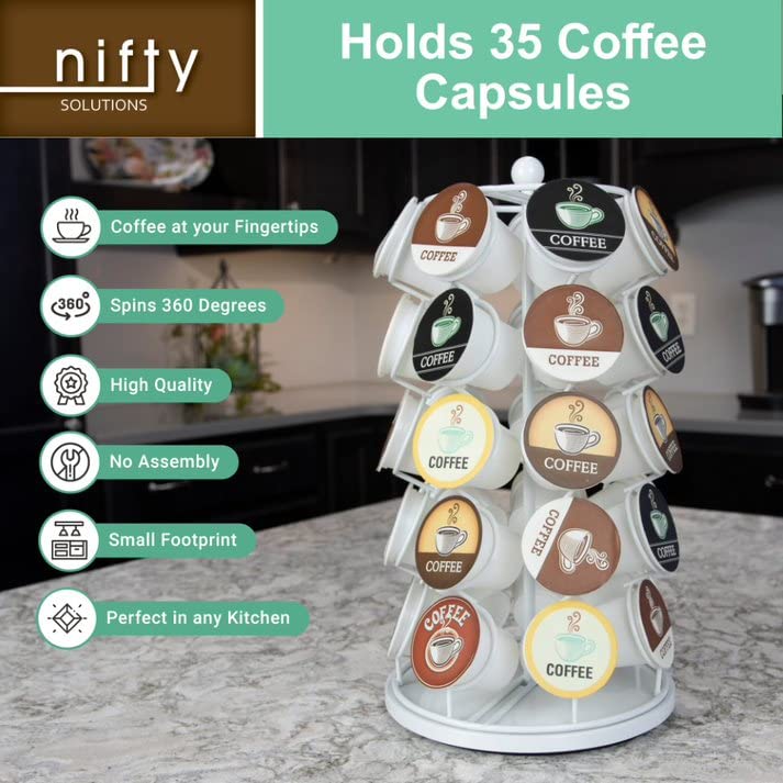 Nifty Solutions Keurig Coffee Pod Holder Carousel 360 Degree Spinning Organizer for K Cups 13 Inch Tall Compact Counter Storage Solution (35 K Cup Holder | White Black) - Image 5
