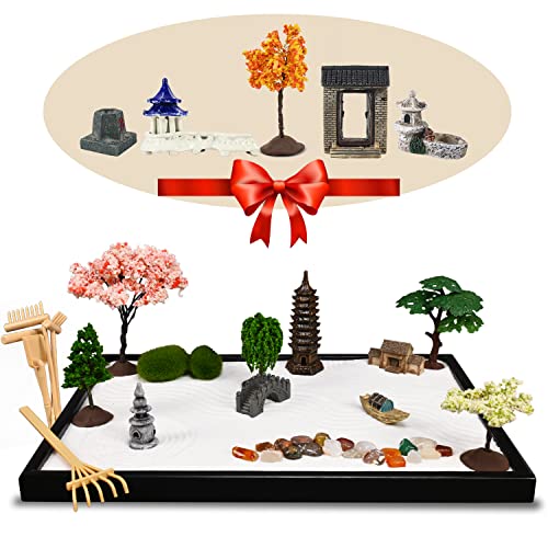 Yoquare 14 x 10 Large Japanese Zen Garden Kit for Desk Includes 25 Accessories Sand Tray Rake Trees Incense Burner Bridge Well Door Calming Decor Gift for Women Mindfulness Stress Relief - Image 1