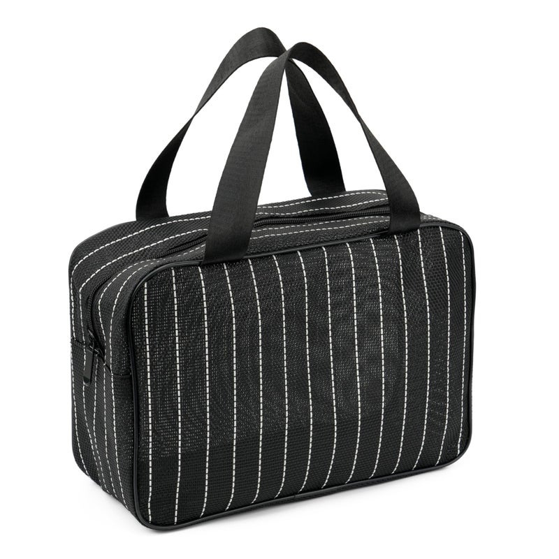 REDSINDA Mesh Shower Caddy Bag for Bathroom Gym Camping Portable Travel Mesh Toiletry Bag for Women Men Large Black with White Stripes - Image 2