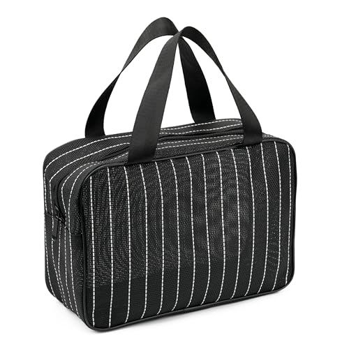 REDSINDA Mesh Shower Caddy Bag for Bathroom Gym Camping Portable Travel Mesh Toiletry Bag for Women Men Large Black with White Stripes - Image 1