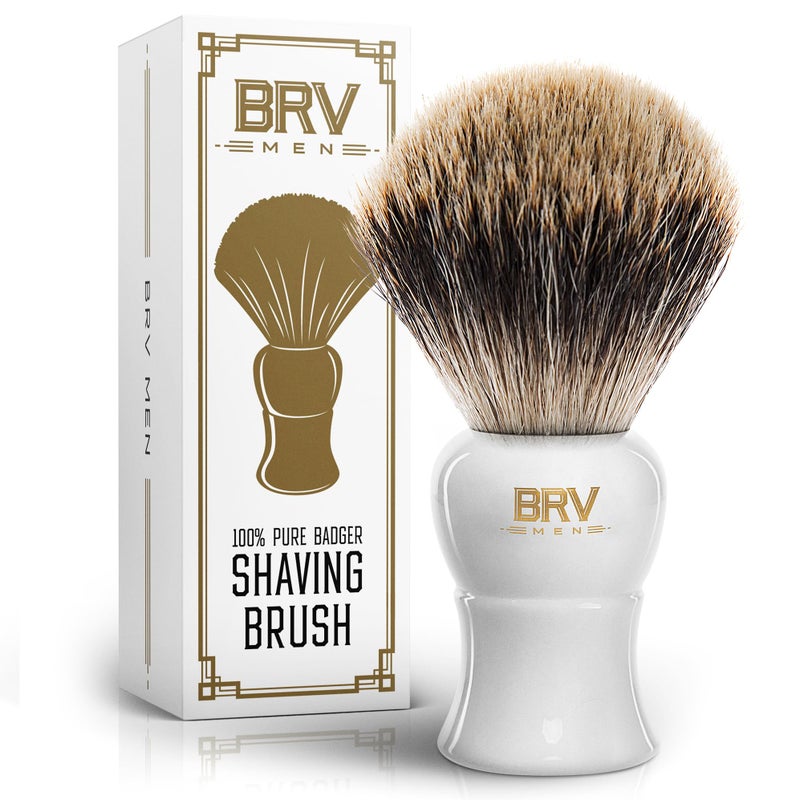 فرشاة حلاقة BRV MEN من شعر ثعلب البحر النقي 19 مم مقبض من الراتنج الثقيل للاستخدام مع ماكينة الحلاقة ذات الشفرة المزدوجة وماكينة الحلاقة المستقيمة ووعاء الحلاقة باللون الأبيض
