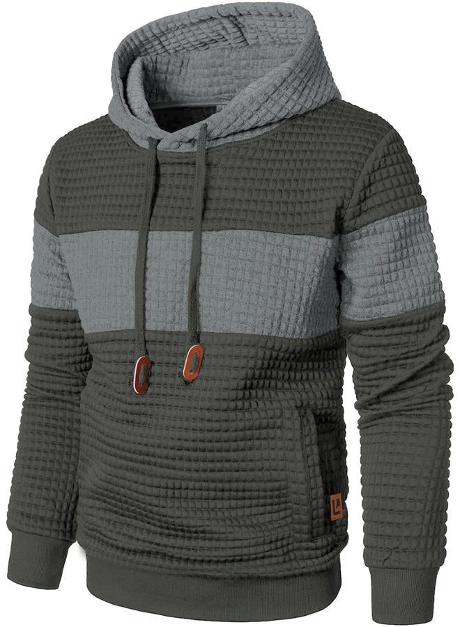 Qichic Men's Sweatshirts Long Sleeve Pullover Patchwork Plaid Jacquard Hoodie Casual Drawstring Hoody Top, Army Green Grey, L - Image 1