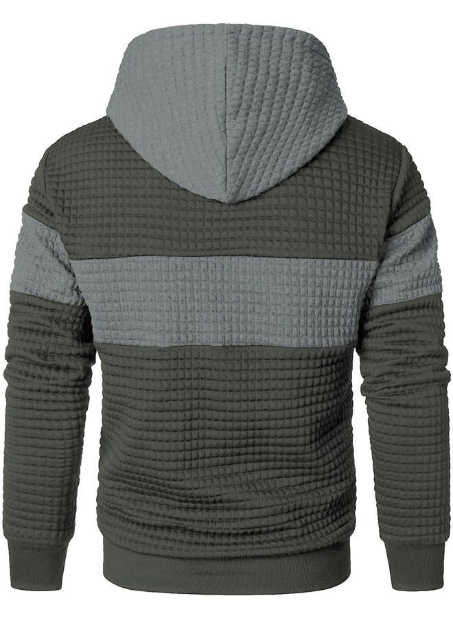 Qichic Men's Sweatshirts Long Sleeve Pullover Patchwork Plaid Jacquard Hoodie Casual Drawstring Hoody Top, Army Green Grey, L - Image 4