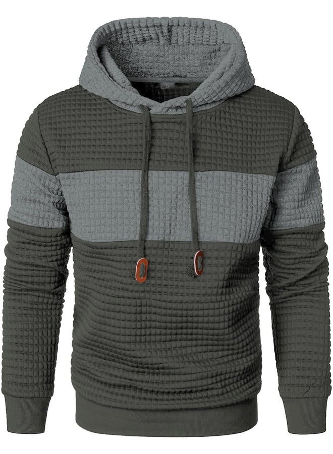 Qichic Men's Sweatshirts Long Sleeve Pullover Patchwork Plaid Jacquard Hoodie Casual Drawstring Hoody Top, Army Green Grey, L - Image 3