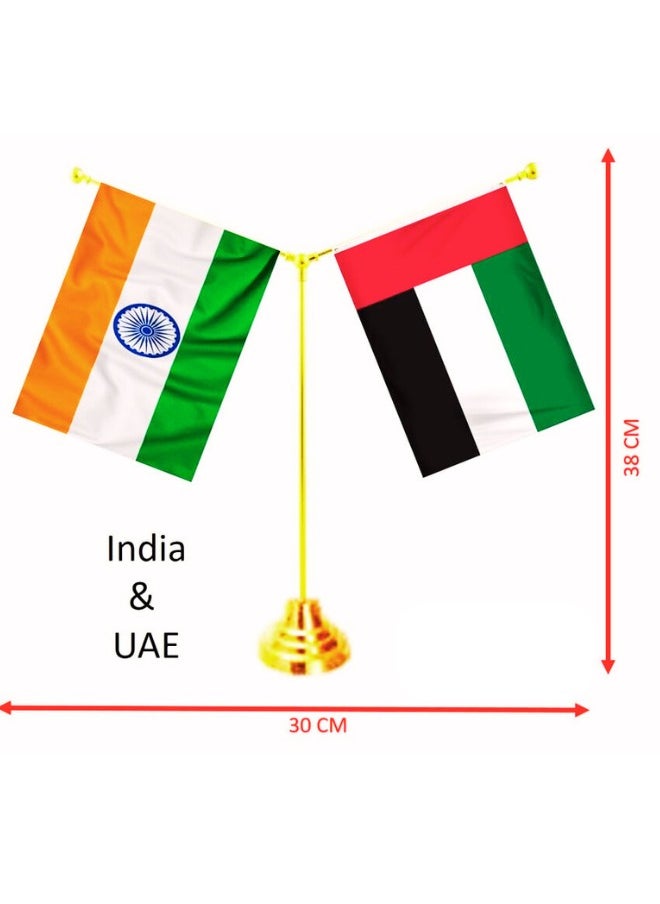 X-PRO5 Unique Flag United Arab Emirates UAE & INDIA Flags Shining and Bright with Y-Shape Classy Brass Base Table Stand  - Image 2