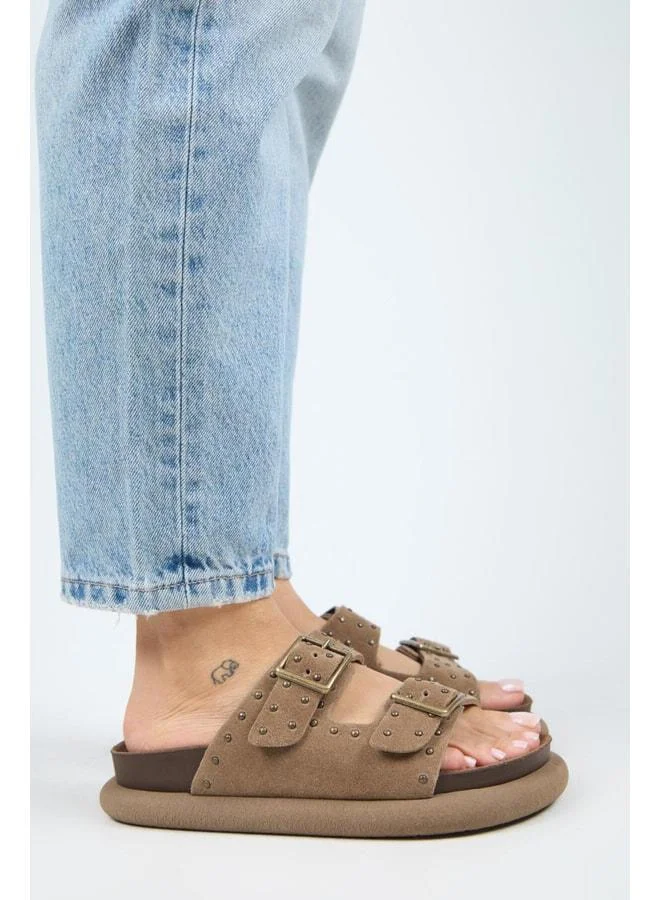 Manijero  (Sude) Women's Genuine Leather Double Buckle Violet Slippers. for Women | Best Price UAE