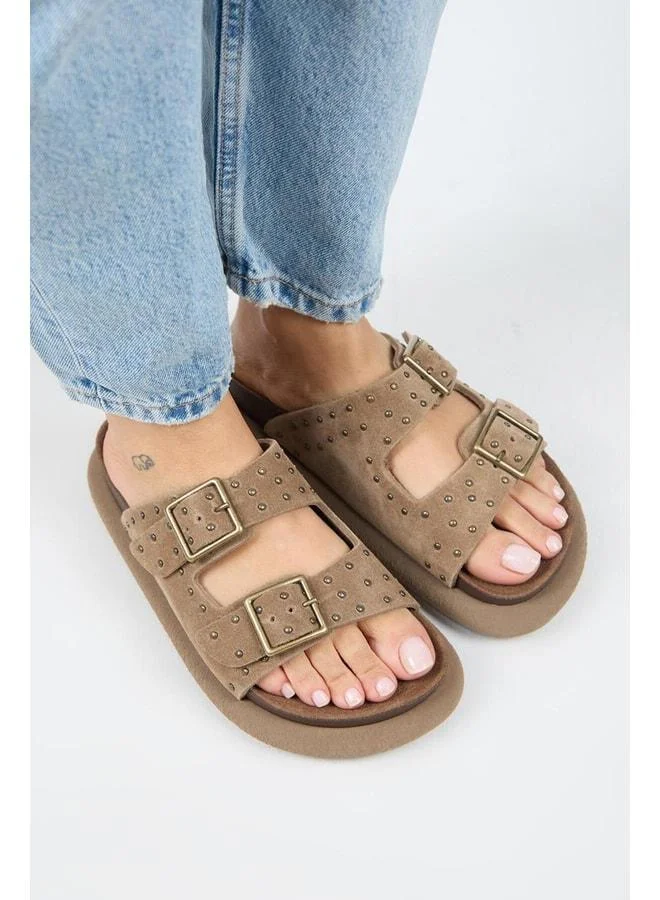 (Sude) Women's Genuine Leather Double Buckle Violet Slippers.