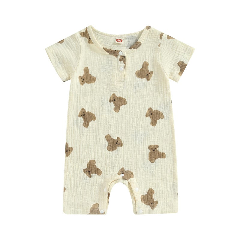 BULINGNA Newborn Infant Baby Boy Girl Summer Short Jumpsuit Short Sleeve Bear Print One Piece Romper Bodysuit Outfit (Beige, 6-12 Months) - Image 1