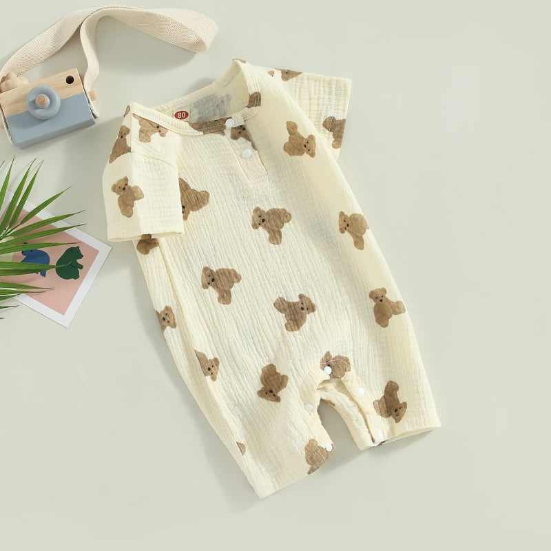 BULINGNA Newborn Infant Baby Boy Girl Summer Short Jumpsuit Short Sleeve Bear Print One Piece Romper Bodysuit Outfit (Beige, 6-12 Months) - Image 2