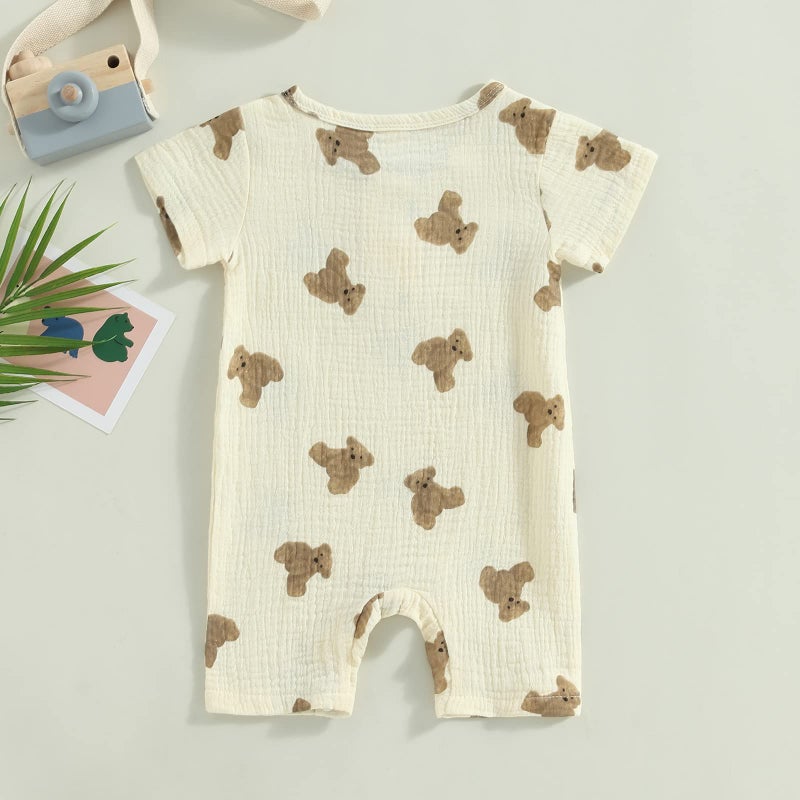 BULINGNA Newborn Infant Baby Boy Girl Summer Short Jumpsuit Short Sleeve Bear Print One Piece Romper Bodysuit Outfit (Beige, 6-12 Months) - Image 3