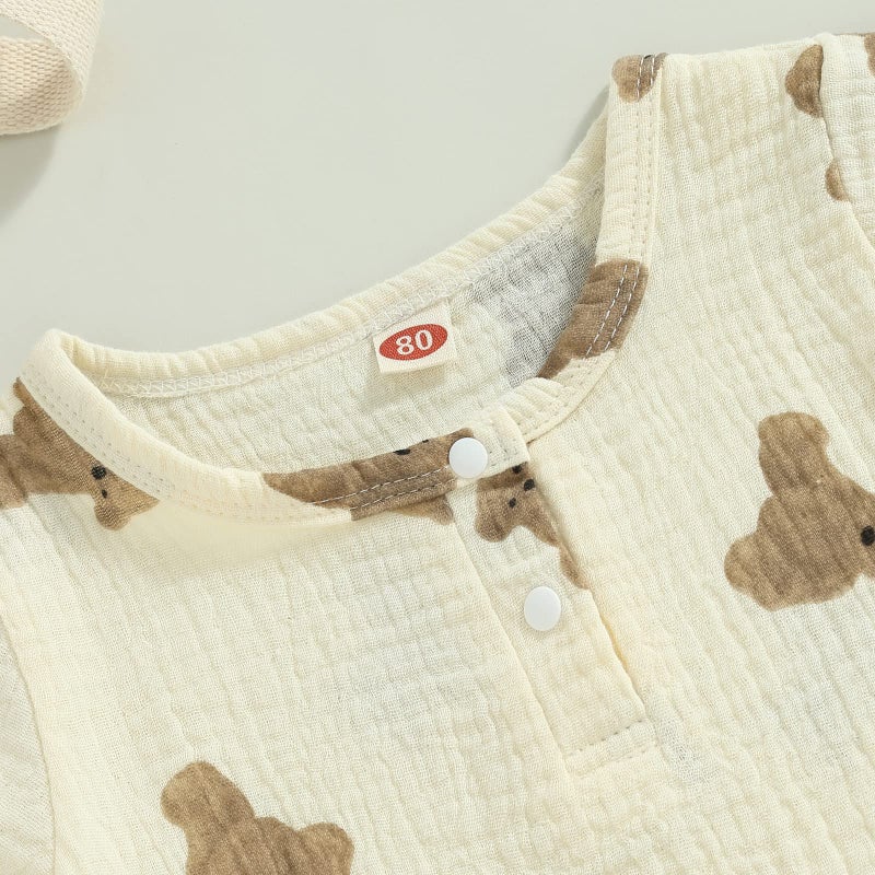 BULINGNA Newborn Infant Baby Boy Girl Summer Short Jumpsuit Short Sleeve Bear Print One Piece Romper Bodysuit Outfit (Beige, 6-12 Months) - Image 4