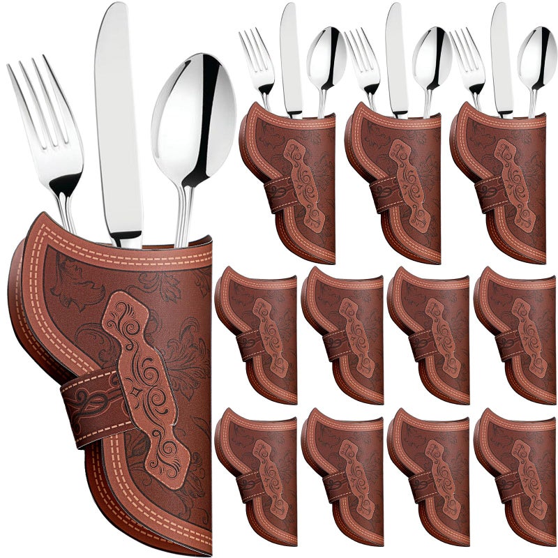 Newtay Cowboy Holster Silverware Holders Cardstock Western Party Tableware Supplies Cutlery Sleeve  and Fork Holder Vintage Utensil Holders for Western Rodeo Party Favors24 Pcs