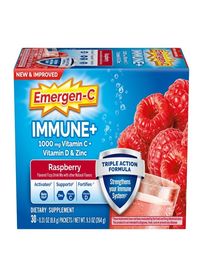 Emergen-C Immune+ Triple Action Immune Support Powder, BetaVia (R), 1000mg Vitamin C, B Vitamins, Vitamin D and Antioxidants, Raspberry – 30 Count - Image 1