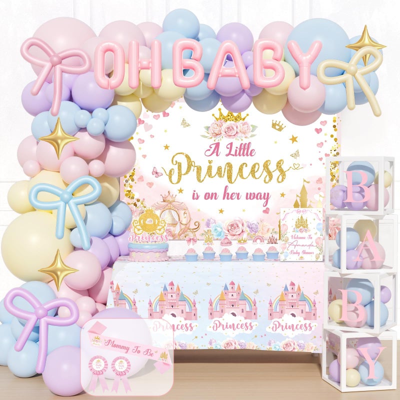 Fiesec Princess Baby Shower Decorations, 156 PCs â€“ A Little Princess Is On Her Way Party Supplies With Floral Backdrop, Pastel Balloon Garland, Oh Baby Foil Balloons, Mom to be Sash - Image 1