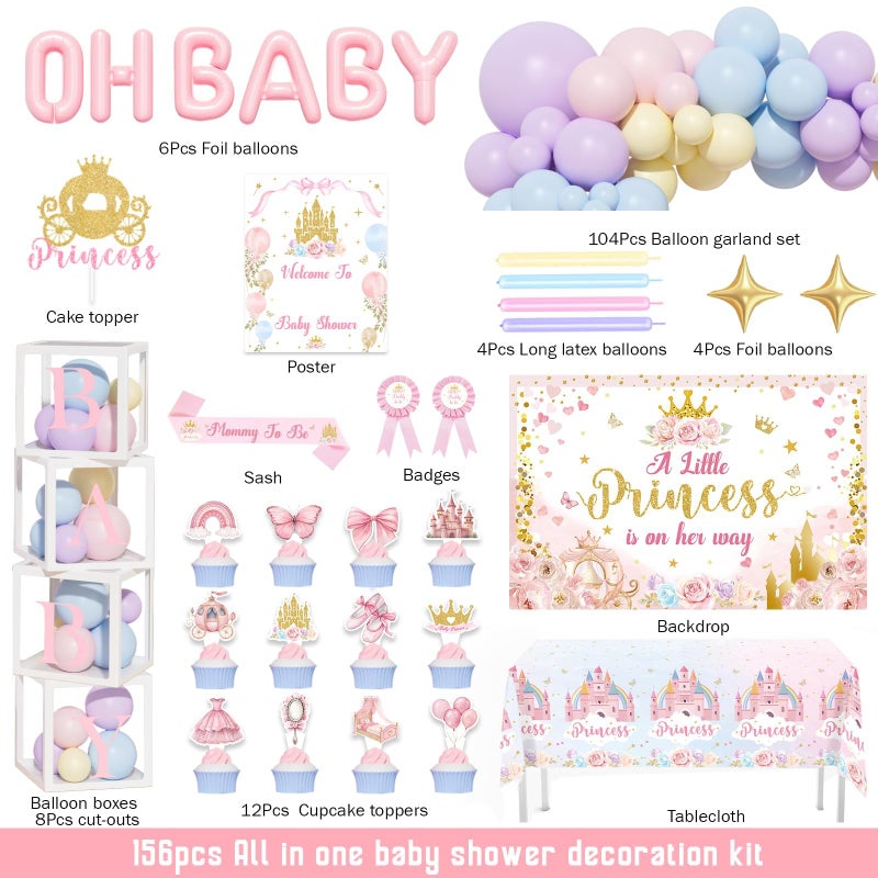 Fiesec Princess Baby Shower Decorations, 156 PCs â€“ A Little Princess Is On Her Way Party Supplies With Floral Backdrop, Pastel Balloon Garland, Oh Baby Foil Balloons, Mom to be Sash - Image 3