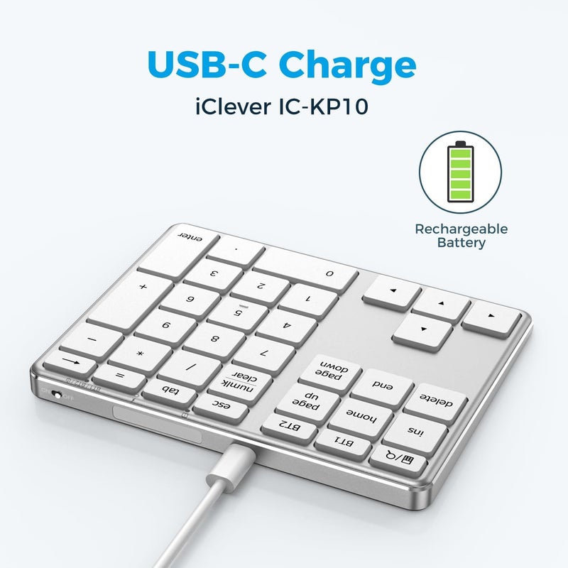 iClever KP10 Bluetooth Number Pad, Dual Device Connection, 34 Keys Ultra-Slim for Mac/Windows/iPad, USB-C Rechargeable, Quiet Keys, Excel Accounting Numpad with Long Battery Life - Image 3