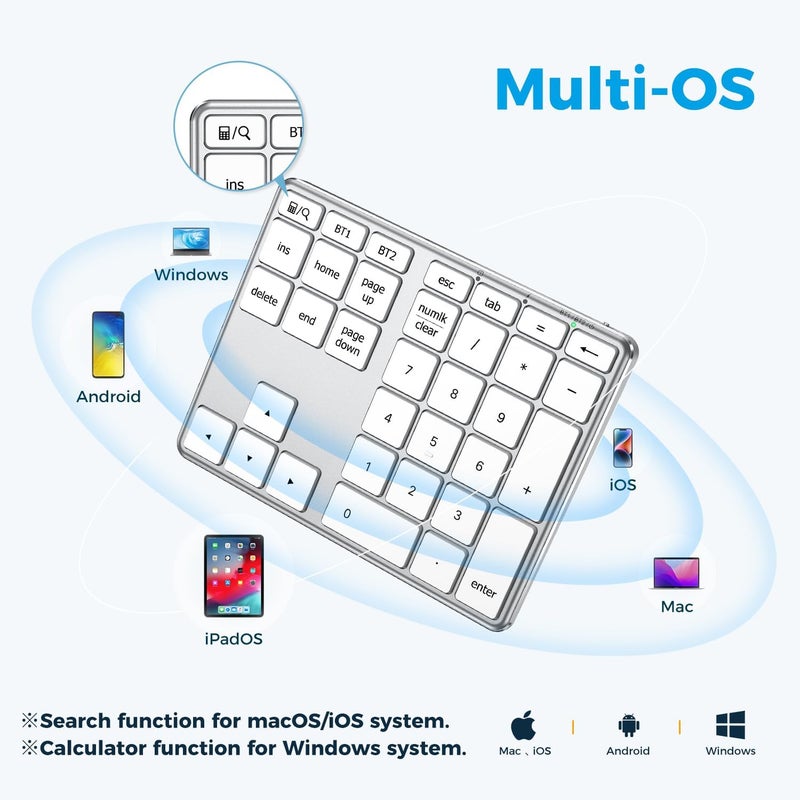 iClever KP10 Bluetooth Number Pad, Dual Device Connection, 34 Keys Ultra-Slim for Mac/Windows/iPad, USB-C Rechargeable, Quiet Keys, Excel Accounting Numpad with Long Battery Life - Image 4