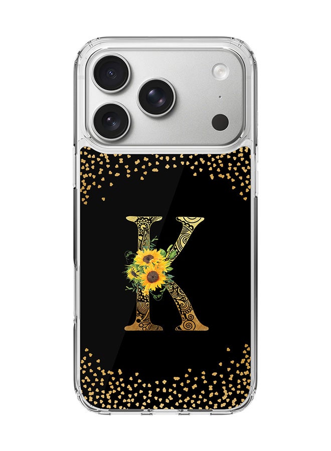Stylizedd Classic Clear MagSafe Case for iPhone 17 Pro , Hybrid Soft Case Flexible Edges Anti Drop TPU PC Gel Thin Transparent Cover [ Designed for iPhone 17 Pro ] - Custom Monogram Initial Letter Floral Pattern Alphabet - K ( Black )