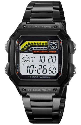 PASOY Mens Digital Watch for Men Black Stainless Steels Alarm Stopwatch Countdown Outdoor Outdoor Sports Waterproof Watch 2 time Zone - Image 3