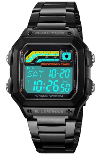 PASOY Mens Digital Watch for Men Black Stainless Steels Alarm Stopwatch Countdown Outdoor Outdoor Sports Waterproof Watch 2 time Zone - Image 1