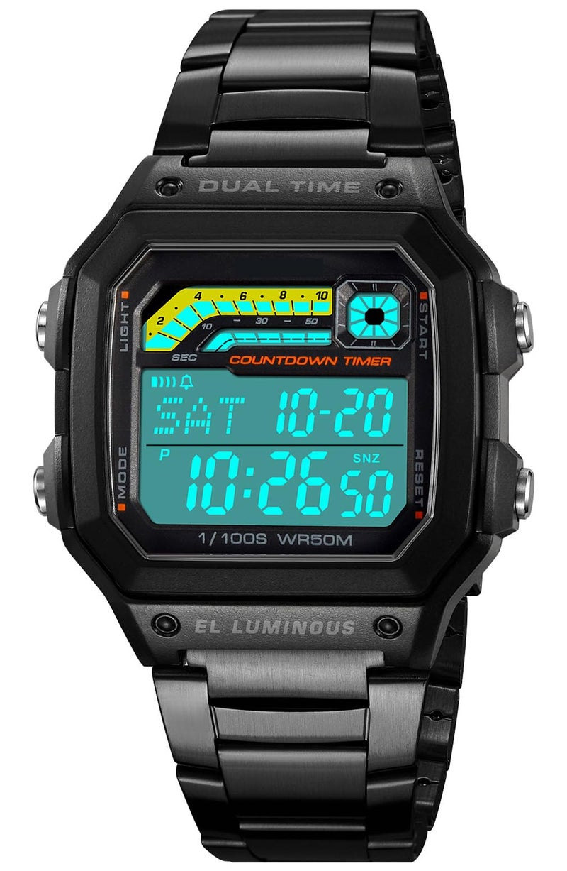 PASOY Mens Digital Watch for Men Black Stainless Steels Alarm Stopwatch Countdown Outdoor Outdoor Sports Waterproof Watch 2 time Zone - Image 2