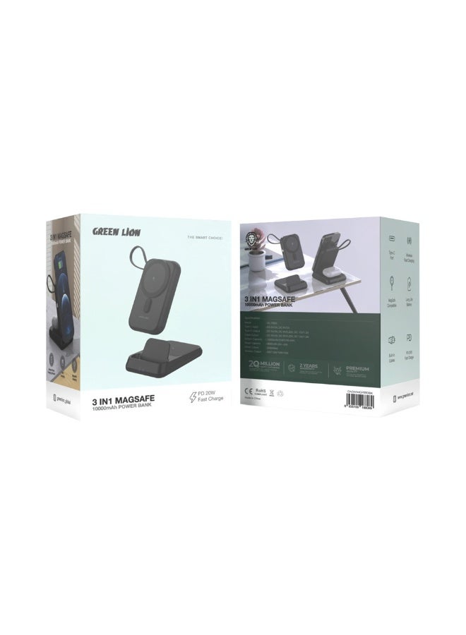 Green Lion 3-in-1 MagSafe Power Bank 10000mAh with Wireless Charging, USB-C & USB-A Output, Digital Display, Compact Design, 20W Fast Charging, Safety Protection – Black - Image 2