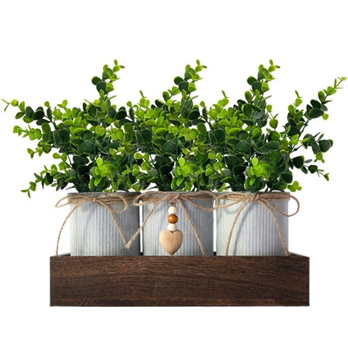 Artificial Flower Decorative Centerpiece Frosty Green Eucalyptus Table Arrangement with 3 Rustic Metal Pots and Wood Tray for Farmhouse Home Dcor
