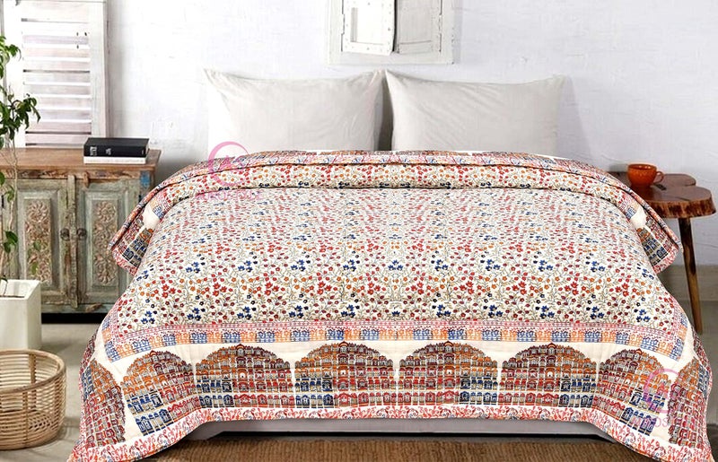 WORLDNEX 400 TC Jaipuri Rajai Florl and Heritage Hawamahal Printed Winter Cotton Double Bed Razai Quilt - King Size Red, Green, Cream and Multicolor, Rajai,Breathable