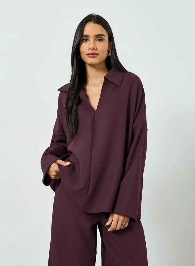 تايك تو Women's Solid Lapel Neck Long Sleeve Top With Pants Set