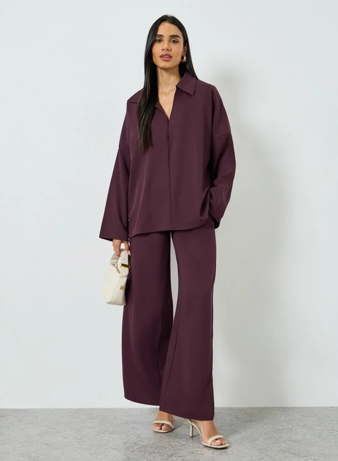 تايك تو Women's Solid Lapel Neck Long Sleeve Top With Pants Set