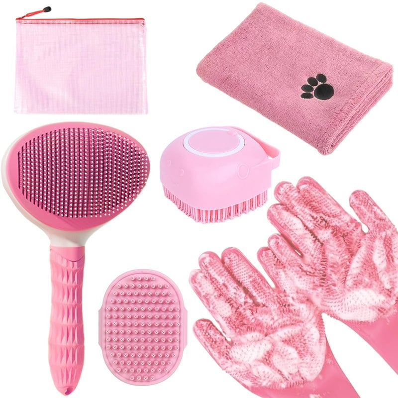 KUEIOX Bath Grooming Kit for Pets - Hair Brush Set with Towel, Washing Gloves, and Shampoo Scrubber Brush for Dogs and Cats (Pink) - Image 1