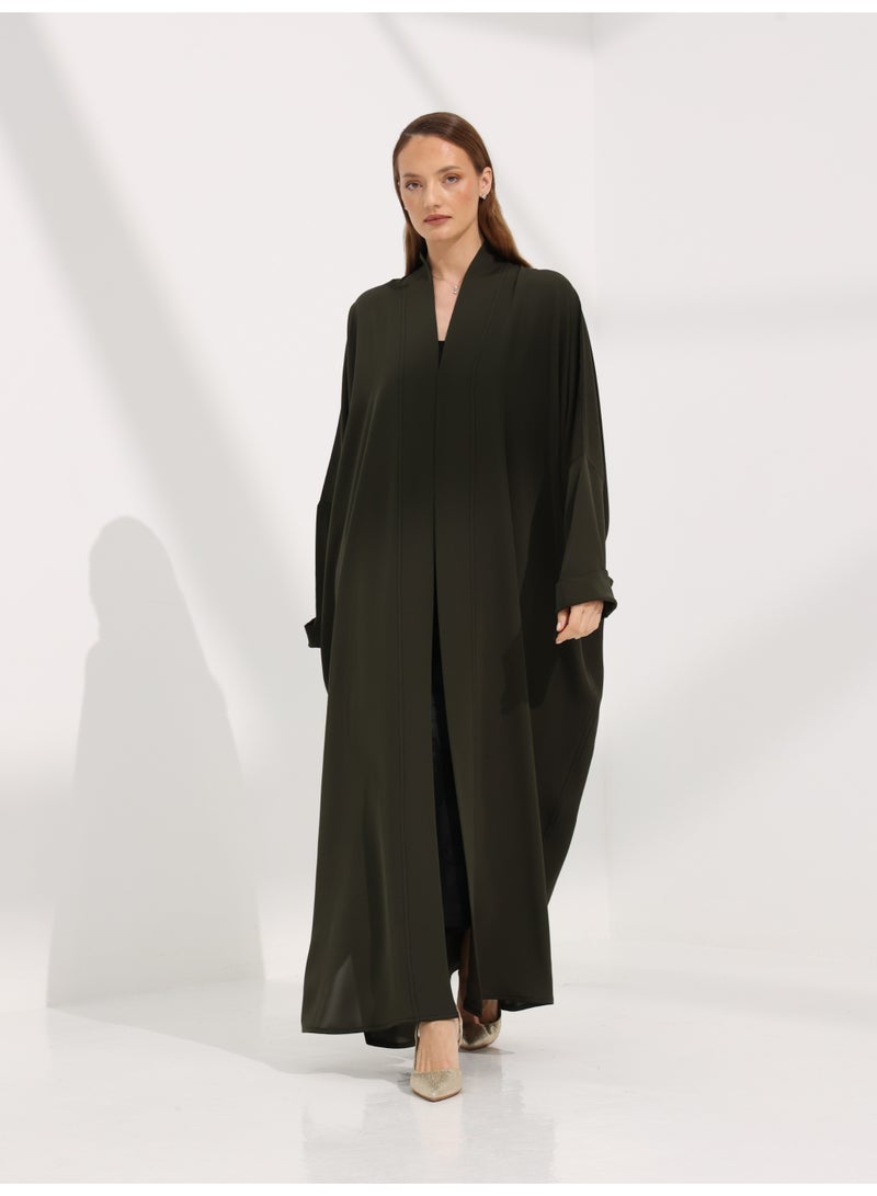 Khan&Co. Seven Seas Olivia olive-coloured crepe fabric abaya with two gold KHAN&CO logo buttons - by Abdullah Khan - Image 1