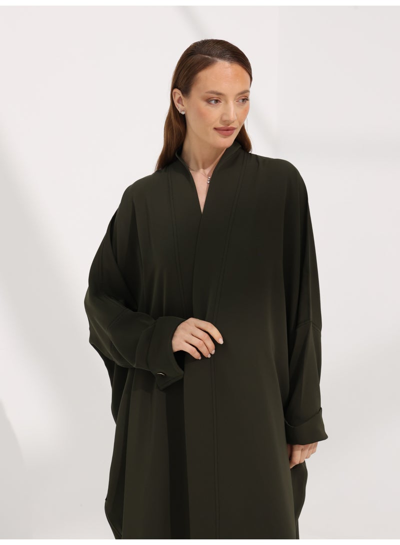 Khan&Co. Seven Seas Olivia olive-coloured crepe fabric abaya with two gold KHAN&CO logo buttons - by Abdullah Khan - Image 2