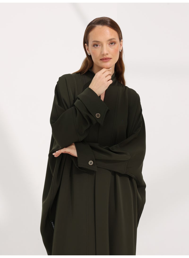 Khan&Co. Seven Seas Olivia olive-coloured crepe fabric abaya with two gold KHAN&CO logo buttons - by Abdullah Khan - Image 3