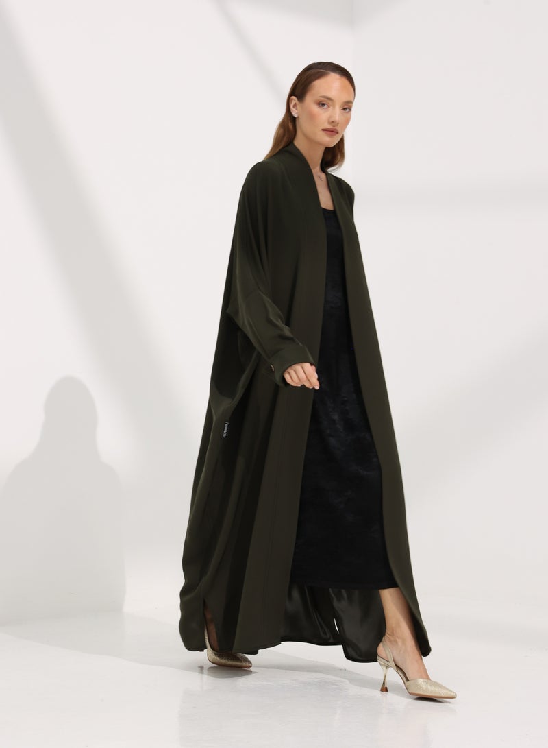 Khan&Co. Seven Seas Olivia olive-coloured crepe fabric abaya with two gold KHAN&CO logo buttons - by Abdullah Khan - Image 5