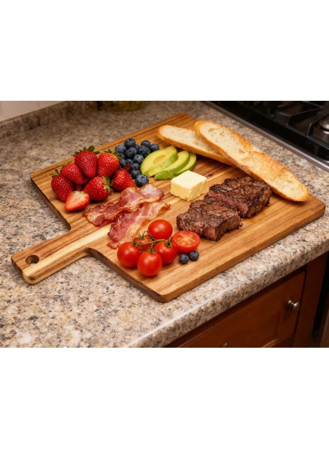 Zeqi Large Acacia Wood Cutting Board and Chopping Board with Handle Large 17” x 13” for Meat, Cheese, Vegetables, Bread, and Charcuterie - Decorative Wooden Serving Board for Kitchen and Dining Room - Image 2