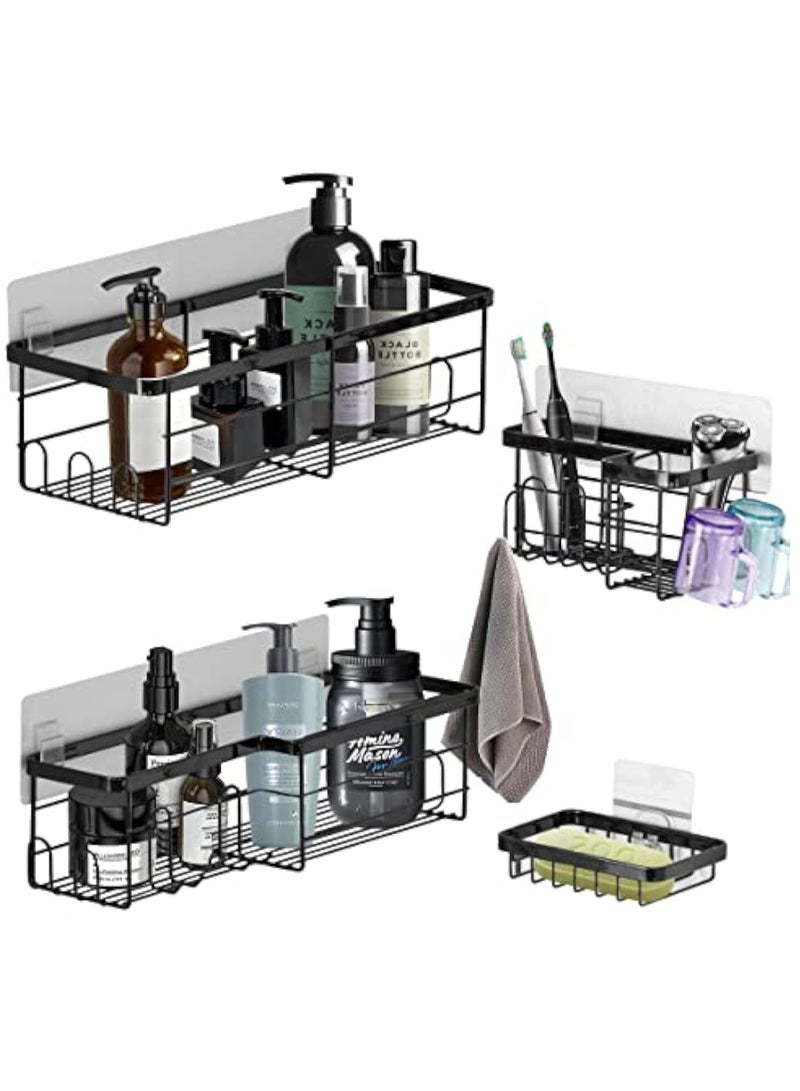Hihonor Shower Caddy Bathroom Organizer Basket Shelf with Hooks Soap Holder, No Drilling Stainless Steel Wall Mounted Hanging Storage Shampoo Shower Rack for Bathroom Kitchen Toilet Bedroom 4 Pack (Black)  - Image 1