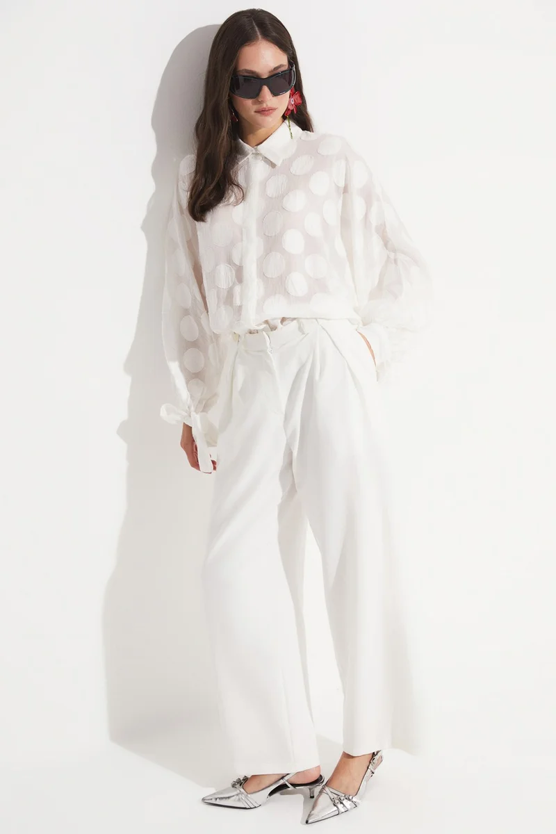 JUNE Women's Exclusive Oversize/loose Cut Linen Blend Polka Dot Patterned Shirt