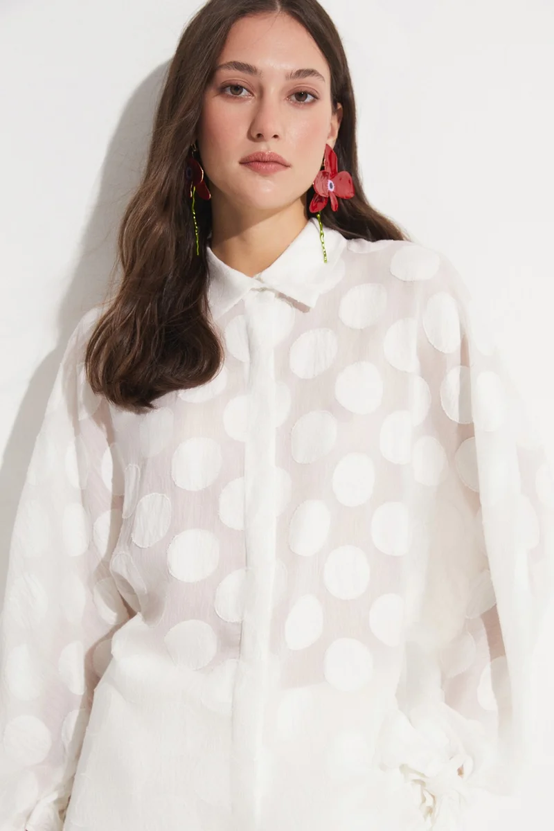 JUNE Women's Exclusive Oversize/loose Cut Linen Blend Polka Dot Patterned Shirt