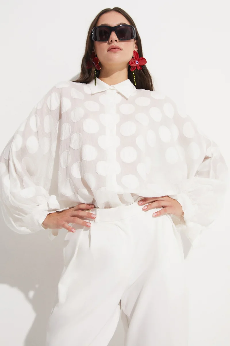 JUNE Women's Exclusive Oversize/loose Cut Linen Blend Polka Dot Patterned Shirt