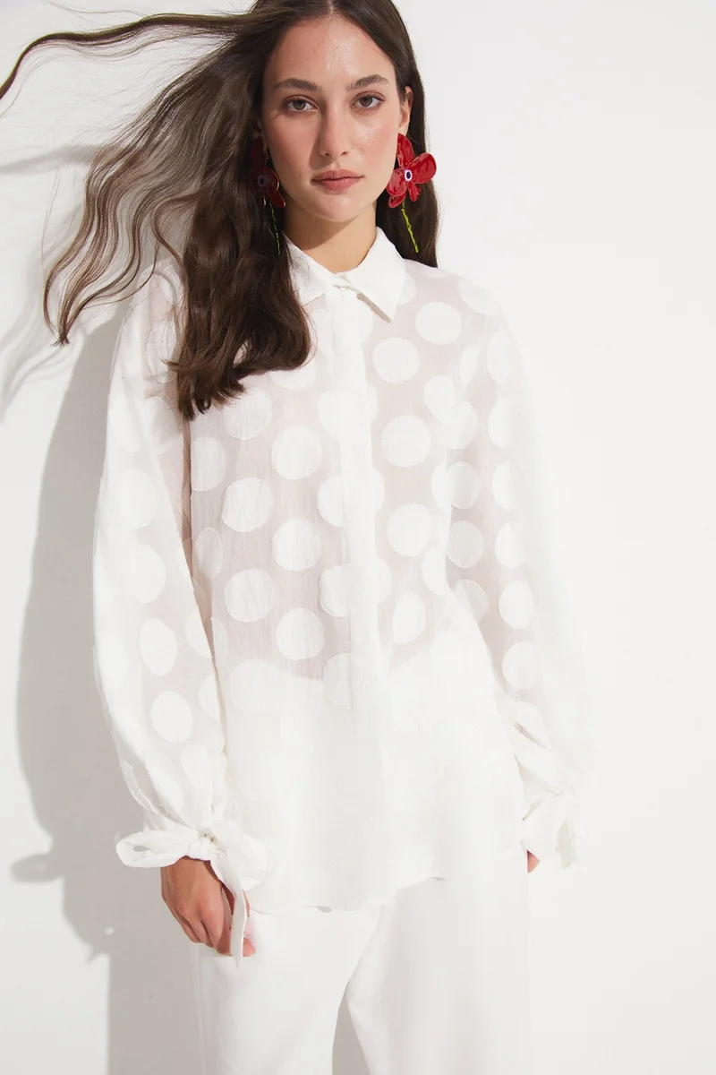 JUNE Women's Exclusive Oversize/loose Cut Linen Blend Polka Dot Patterned Shirt