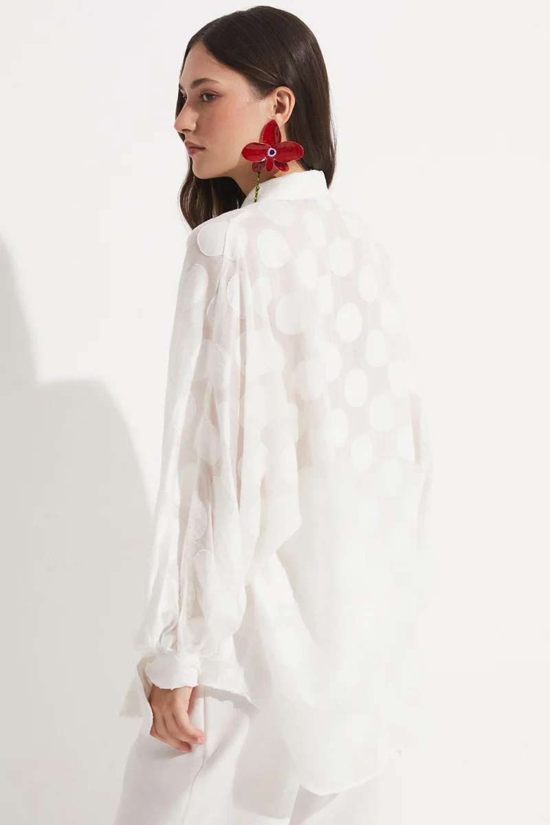JUNE Women's Exclusive Oversize/loose Cut Linen Blend Polka Dot Patterned Shirt