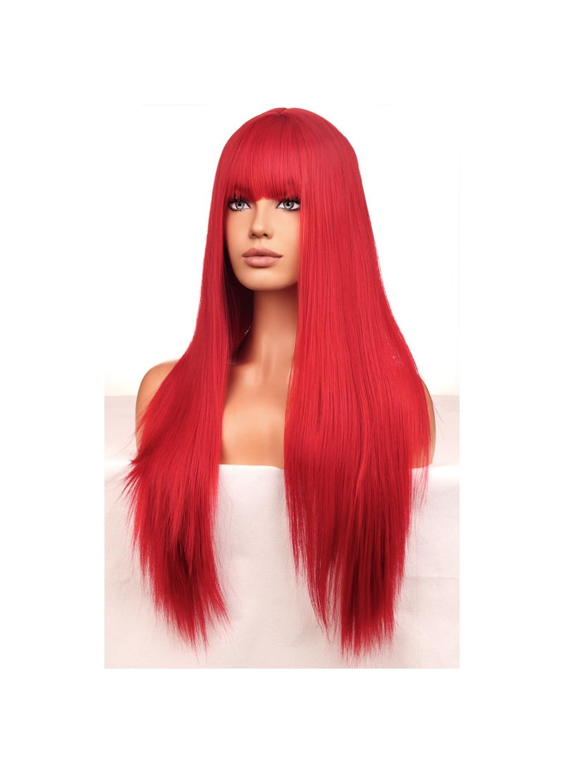 BERON BERON Red Wigs Straight Long Hair Wigs with Bangs Women Fashion Heat Resistant Synthetic Natural Looking Wig for Cosplay Party or Daily Use 