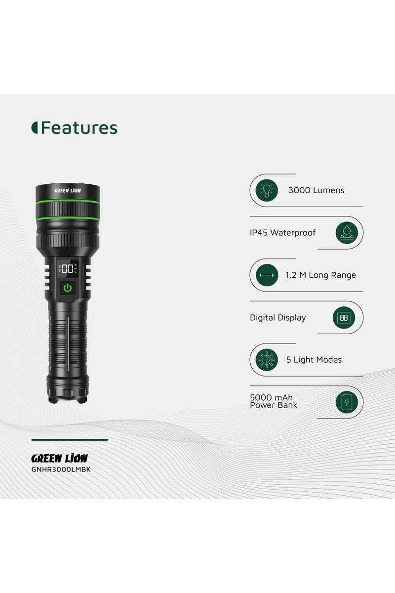 جرين ليون مصباح LED Hyper Ray Pro بقوة 3000 لومن مع مدى طويل 1200 متر ووظيفة بنك الطاقة 5000 مللي أمبير في الساعة / مادة سبائك الألومنيوم المستخدمة في الطائرات / مقاومة الماء IP45 / وقت عمل 7 ساعات / شاشة رقمية / تبديد سريع للحرارة - أسود - Image 2