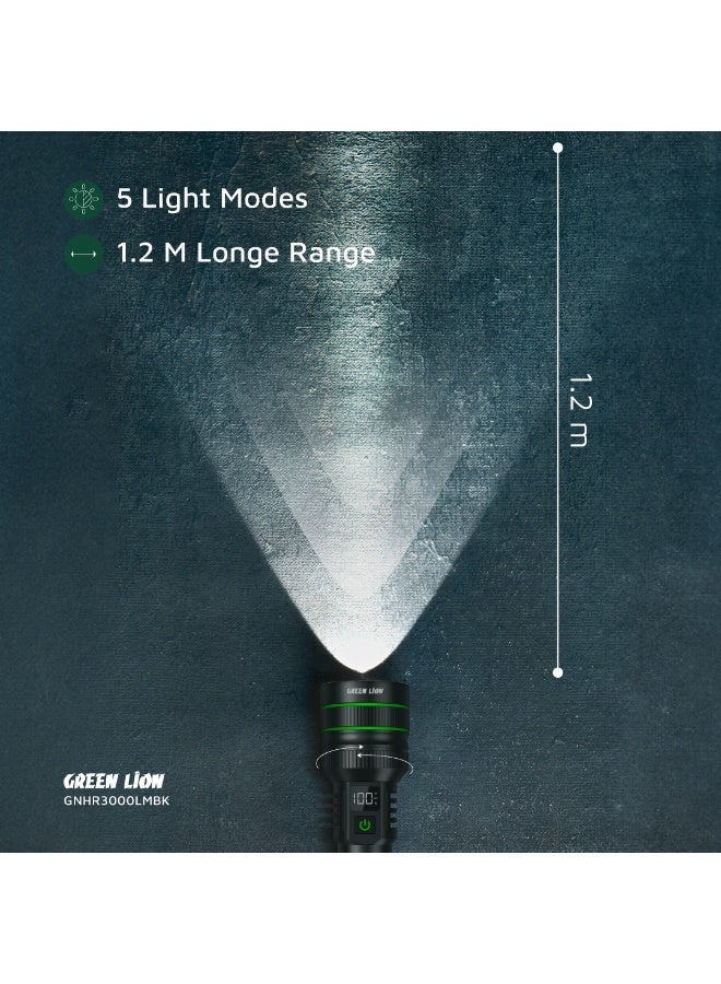 جرين ليون مصباح LED Hyper Ray Pro بقوة 3000 لومن مع مدى طويل 1200 متر ووظيفة بنك الطاقة 5000 مللي أمبير في الساعة / مادة سبائك الألومنيوم المستخدمة في الطائرات / مقاومة الماء IP45 / وقت عمل 7 ساعات / شاشة رقمية / تبديد سريع للحرارة - أسود - Image 3