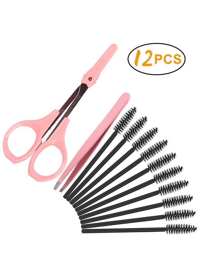 4 Curved Craft Scissors Stainless Steel Unisex Eyebrow Kit Eyebrow Scissors Slant Tweezers And Eyebrow Brush for Eyebrow Eyelash Extensions Pink Set