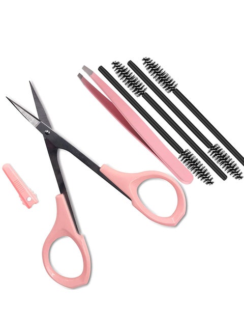 4 Curved Craft Scissors Stainless Steel Unisex Eyebrow Kit Eyebrow Scissors Slant Tweezers And Eyebrow Brush for Eyebrow Eyelash Extensions Pink Set