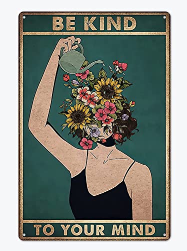 Fmcmly Be Kind to Your Mind Vintage Tin Signs Hippie Boho Wall Art Encouragement Gifts for Women Home Office Bedroom Living Room Cafes Wall Decor 8x12 Inch - Image 1