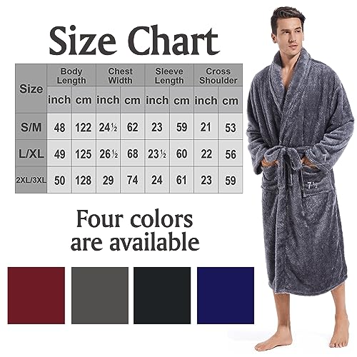 Inner Wish Mens Plush Fleece Robe, Cozy Warm Bathrobe Fuzzy Male Spa Long Robe With Pockets, Dark Grey, L/XL - Image 5