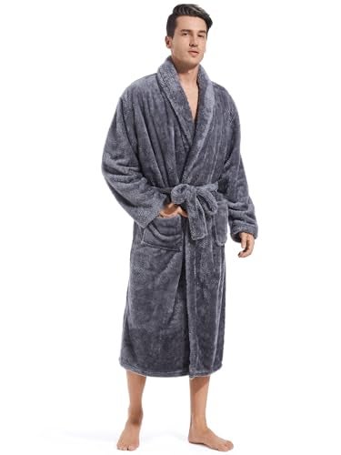 Inner Wish Mens Plush Fleece Robe, Cozy Warm Bathrobe Fuzzy Male Spa Long Robe With Pockets, Dark Grey, L/XL - Image 1